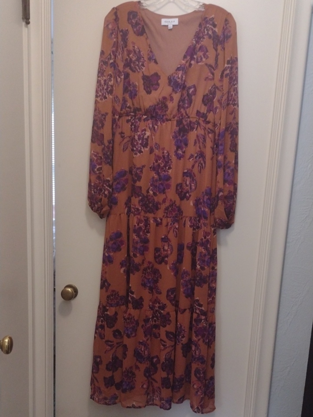 Gilli Brown And Floral Purple Long Sleeve Maxi Dress (J961)
